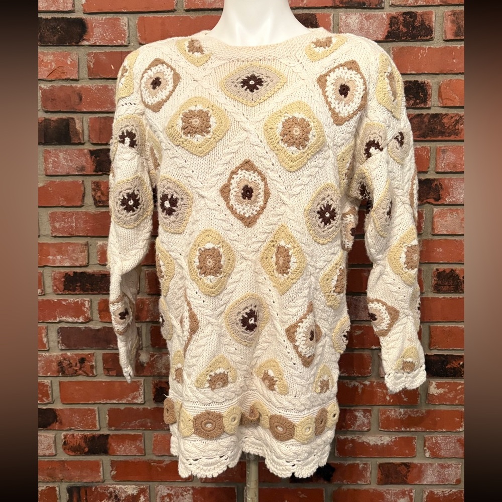 Vintage Afghan Granny Square Pattern Sweater Neutral Cottagecore Sz L